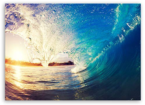 ge Bildet Bild auf Leinwand | the Wave - Welle Surfen Wasser Sonnenuntergang blau gelb orange S in 40x30 cm als Wandbild | Wand-deko Dekoration Wohnung modern Bilder | 2213