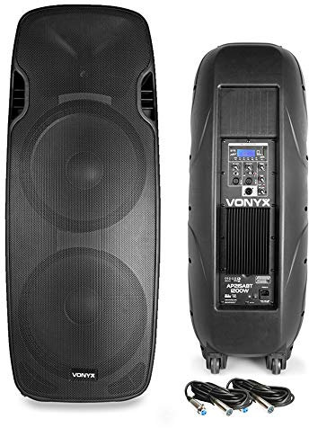 VONYX AP215ABT Dual 15 1200W Active Bluetooth PA Speaker System with Built-in Amplifier, USB MP3 Media Player & XLR Cables - DJ Disco Sound Setup (Pair)