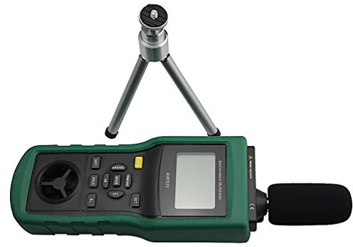 AMTAST Multi-Functional Environmental Meter Anemometer Sound Level Air Flow Meter LUX Meter Luminometer Humidity Temperature Meter with Tripod