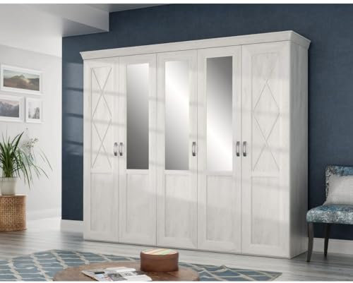 FORTE KASHMIR Schrank 250 260, Kleiderschrank mit Spiegel Drehtürenschrank groß Landhausstil Sschlafzimmer 5-türig, Holzdekor: Pinie Weiß, 255 cm breit x 220.5 cm hoch x 63 cm tief