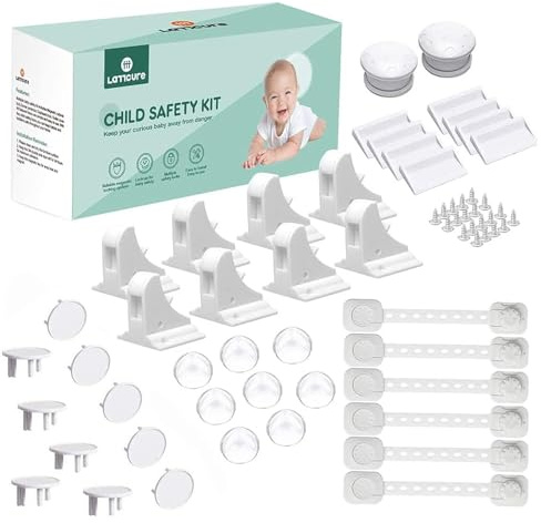 LATTCURE Baby Proofing Kit 32 Pack, 8 Magnetic Cupboard Locks with 2 Keys, 6 Safety Strap Locks, 8 Corner Protectors, 10 UK Socket Covers for Kitchen Cabinets and Drawers