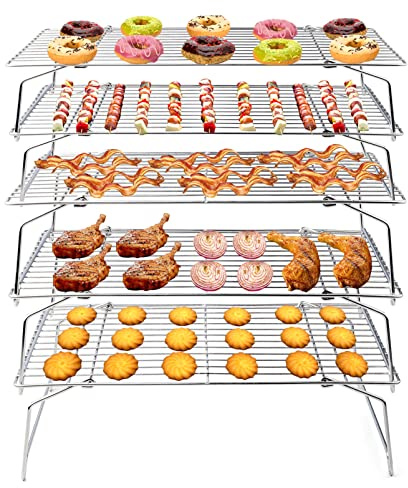 TeamFar Cooling Rack, 5-Tiers Stainless Steel Baking Cooling Wire Rack for Baking Roasting Cooking, Healthy & Firmly Weld, Stackable & Collapsible, Dishwasher Safe, 15”x10”