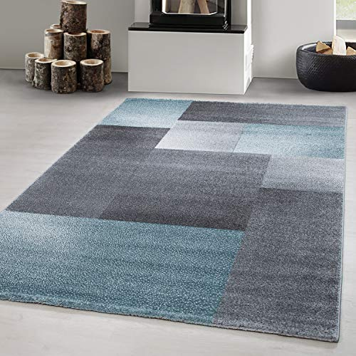 Carpetsale24 Kurzflor Teppich 200x290 cm Kariert Blau-Grau, Stilvolle Bodenlösung mit Muster, Pflegeleichtes Einrichtungselement für Wohn- oder Esszimmer