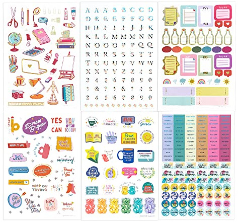 Navy Peony Akademische Aufkleber für Lehrer und Studenten (6 Blatt, 370+ Stück) – bunte Glitzerfolie | Belohnungsaufkleber & Geschenk für Pädagogen | Alphabet & Tracker für Planer & Kalender