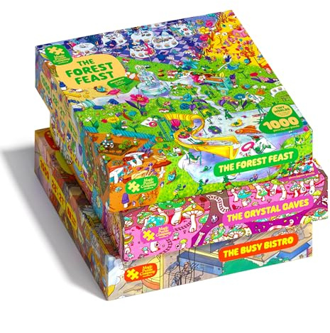 The Magic Puzzle Company, Juego de 3 rompecabezas de 1000 piezas de la Serie dos; El restaurante a rebosar, Las cuevas de cristal y El festín del bosque