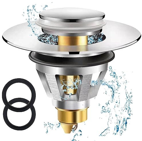 Zesc-Im Sink plug Replacement, Basin Plug With Bounce Core, Brass Pop up Drain Stopper Filter with Basket Hair Catcher, suit for diameter 34-38mm Push Type Sink Strainer for Bathroom Basin