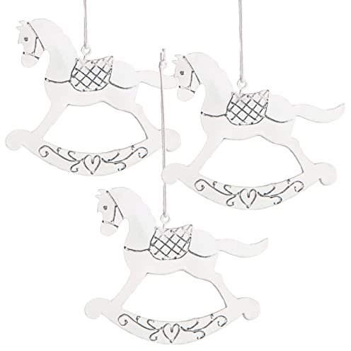 Schaukelpferd Weihnachtsanhänger weiß, 3 Keine Christbaumanhänger Pferdchen aus Holz, Nostalgie Weihnachtsdekoration Baumschmuck 11 cm