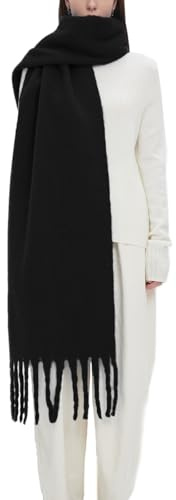 OUNIYA Grande écharpe à carreaux colorés surdimensionnés épais et doux en laine cachemire pour l'hiver chaud pour femme, noir uni, Large