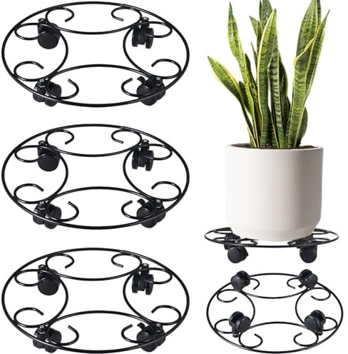 Lot de 3 bacs à plantes en métal avec roulettes de 32,5 cm - Support à roulettes en fer forgé robuste pour pot de fleurs - Soucoupe sur roues - Pour intérieur et extérieur - Avec plateau de jardinière