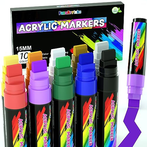 FansArriche Acrylmarker, 15 mm Jumbo -Filztipp, 10 farben wasserdichte und dauerhafte Lackierstifte zum Markieren, Acrylmarker für Steine Wasserfest, Schilder, Kalligraphie und Gemälde im Freien