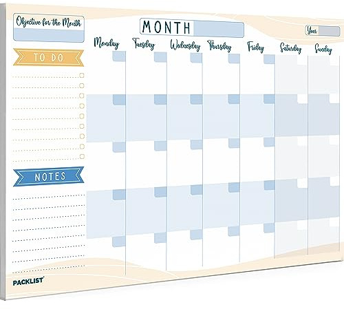 PACKLIST Planner mensile, organizer mensile, formato A4 inglese, agenda mensile, calendario perpetuo, 25 fogli. Agenda planner in formato calendario mensile