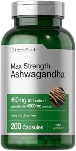 Horbäach Ashwagandha Supplement for Women and Men | 200 Capsules | Max Strength Herb Root Extract | with Black Pepper Extract | Non-GMO, Gluten Free