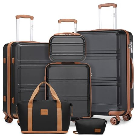 KONO Kofferset Reisekoffer Set Gepäcksets 6 Teilig, Koffer Set mit Beautycase Kosmetikkoffe mit Handgepäck Reisetasche mit Kulturbeutel (Schwarz/Braun)