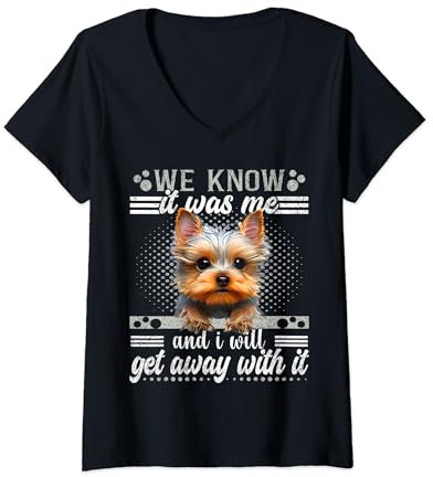 Womens Teacup Yorkie Harness Plush Puppy Yorkshire Terrier Teacup V-Neck T-Shirt