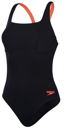 Speedo Bañador Flex con Banda y Sujetador Integrado para Nadar | Fitness en el Agua | Entrenamiento Traje de baño para Mujer, Negro/Rojo Sirena, 36