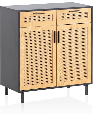 Wohnling Sideboard 80x40x86,5 cm Schwarz Wiener Geflecht, Schubladen | Kommodenschrank hoch mit 4 Türfächern, Standschrank zeitlos für Wohnzimmer und Flur, Anrichte mit Stauraum