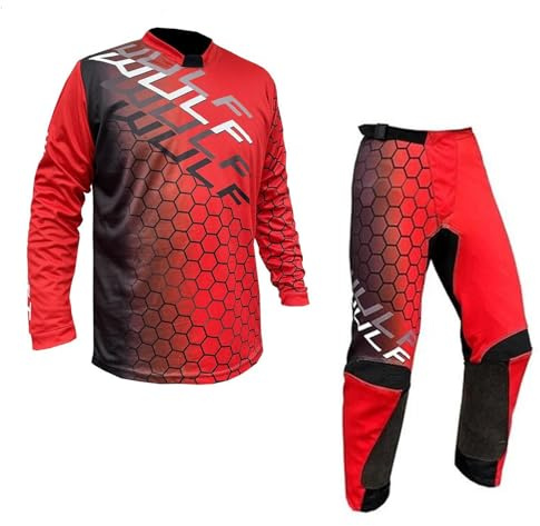 WULFSPORT Junior MX Rennanzug Motocross Kinder Motorrad Kinder Jugend Off Road Dirt Sport Quad BMX ATV Trikot und Hose - Rot, Oberteil (5–7 Jahre), PANT (26 inches)
