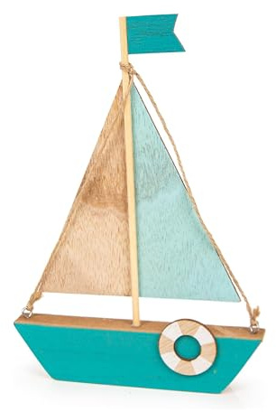 Logbuch-Verlag Figura Decorativa velero Madera: Barco Decorativo náutico mediterráneo con Salvavidas, Adornos Marineros salón baño Playa mar Verano, decoración Marina hogar Regalo, 15 x 4 x 21 cm