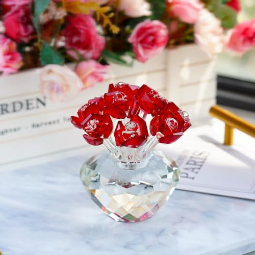 Red Rose Crystal Flower Figurines - Glass Flower Roses Bouquet Gifts for Women, Wife, Mom - Collectible Home Decor Ornaments for Wedding, Birthday, Mothers Day, Anniversary
