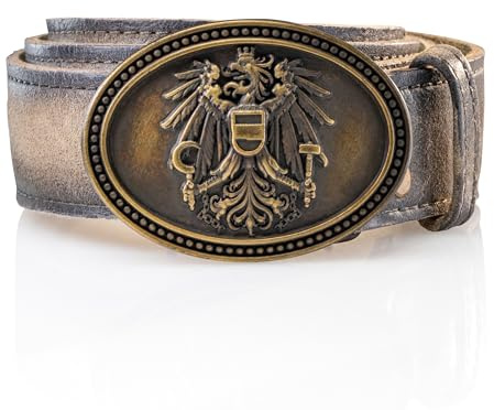 Schöneberger Trachten Couture Herren Trachtengürtel Österreich, Ledergürtel mit Austria Adler Schnalle, Lederhosen Gürtel aus Wildbock-Leder, Franco