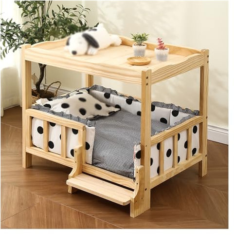 XPLKQXE Großes Haustierbett Holz, Hundekisten, Erhöhte Betten Hundesofas, Katzenmöbel Beruhigender Matratze Kleine Haustiere Brauchen EIN Gemütliches Nest(Black+White,68x48x73cm)