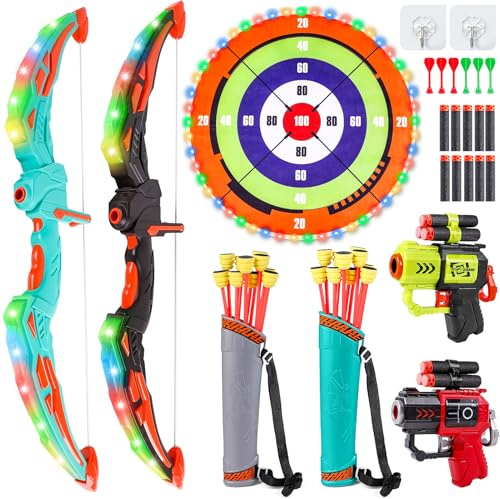 Verdantree 2 Pack Arc et Flèche pour Enfants avec Lumières LED, Grand Jeu de fléchettes Jouet Enfant de Tir à l'arc Lumineux, Jouet d'Intérieur et d'Extérieur pour 3-12 Ans Cadeau Garçons Filles