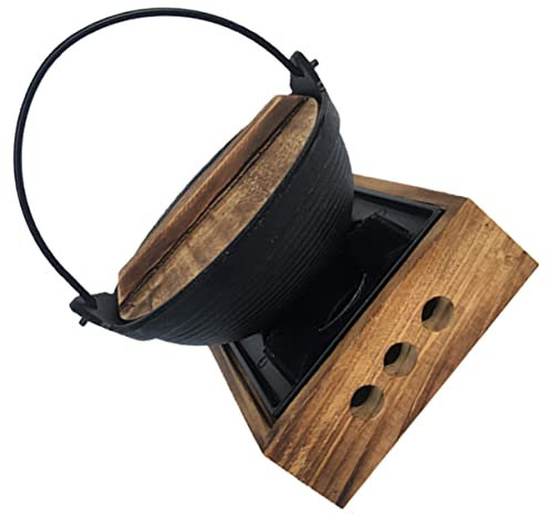 ORFOFE Pentola Per Zuppa in Ghisa Giapponese Sukiyaki Con Supporto in Legno, Vaso Piccolo Da Campeggio Antiscottatura Per Uso Domestico e Picnic All’aperto, Set Completo Con Base Ergonomica