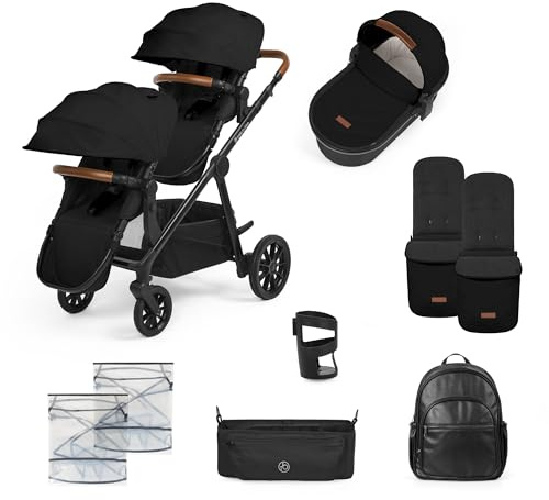 Ickle Bubba Virgo Growing Family 11-teiliger Kinderwagen - Einzel- bis Doppel-Tandem-Kinderwagen mit Babywanne, Fußsäcken, Regenschutz & Zubehör, geeignet ab der Geburt (Schwarz)