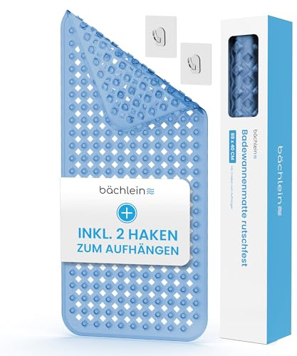 Bächlein PVC Badewannenmatte Transparent Blau – Antirutsch Einlage 88x40 cm mit Haken zum Aufhängen, rutschfest & Schimmelresistent, BPA- & Latexfrei, Maschinenwaschbar