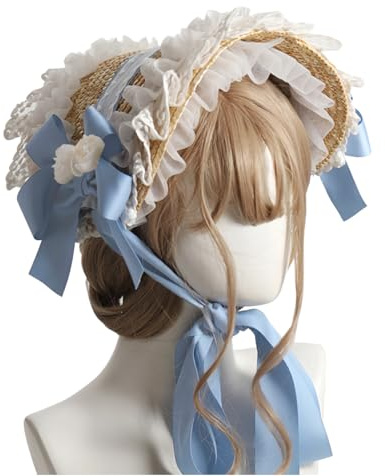 FCCAM Sombrero de sol victoriano para fiesta de té Lolita Sombrero Encaje Lazos Flores Sombrero de paja Lolita Sombrero para Niñas Gorro Multicolor Mujer Azul