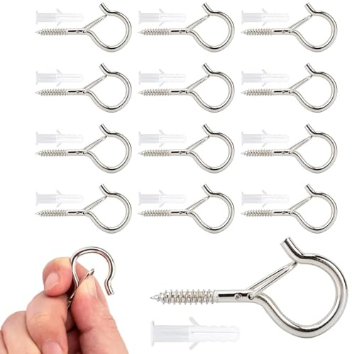 12 Pcs Q Hanger Hooks for Outdoor Christmas String Light, Safety Buckle, Fence Celling Silver Screw Hooks for Wood Wall Hanging Fairy Lights Plants Bird Feeders Cups