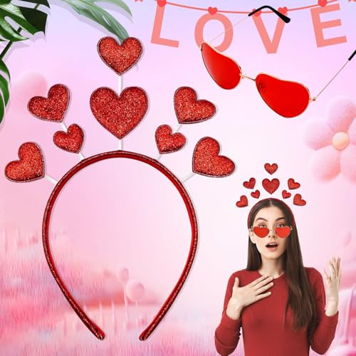 SUpoetry Herz Haarreif Rot Herz,Herz brille Rot und Her z Haarreif Set | Valentinstag Herz Stirn-band Herz Brille,Amor Accessoires für Karneval Valentinstag Fasching Party Kostüm