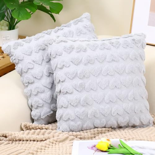 Ausing 2 Stück Sofa Kissenbezug 45 x 45 cm Plüsch Herz Kuschelige Kissenbezüge Flauschiger Kissenbezug für Sofa Kinderzimmer Grau