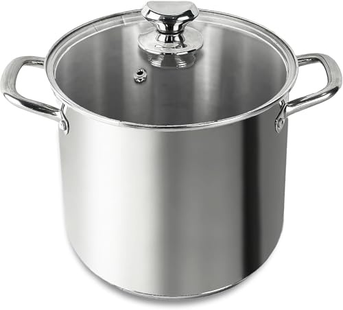 Large Stainless Steel Stock Pot with Lid – 24cm 5L & 8L Induction Soup Pot, Big Cooking Pot for Stews, Biryani & Pasta – Large Cooking Pot with Glass Lid – Dishwasher Safe & Oven Safe (8 Litre)