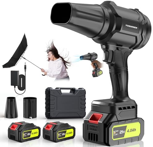 Soplador de hojas inalámbrico, soplador de hojas de mano de 600000 RPM con 2 baterías de 4.0 Ah y cargador, sopladores de hojas ligeros para limpieza de patio, cuidado del césped, hojas, polvo, negro