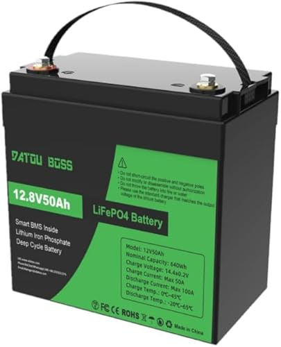 DATOUBOSS Bateria Litio Lifepo4 12V 50Ah,50A BMS,15000+ Ciclos,Batería Litio de Ciclo Profundo,Potencia Máxima de 640W,Grado A Células de la Batería para Autocaravana,Sistema Solar,Camper, Cortadora.