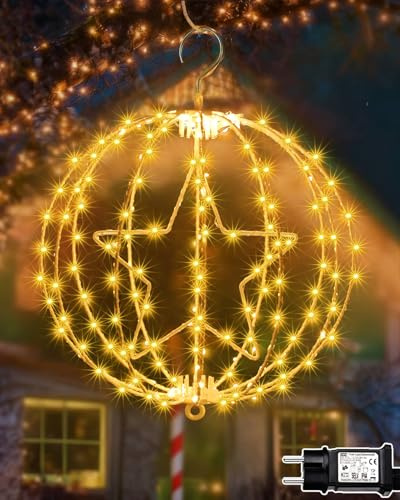Redefun Sfere Luminose Natalizie 30CM 200LED Palla Luminosa Natalizia con Spina Timer, Pieghevoli Stella Appendere Palline di Natale da Esterno Luci Natale per Decorazioni-Bianco