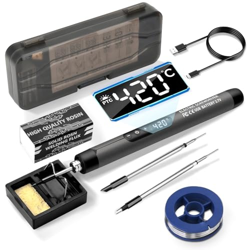 diymore Akku Lötkolben Set, USB Kabelloses Lötkolben Set, 5 Gänge Temperatur Einstellbare 260 ℃-420 ℃, 3 Lötspitzen, Lötdraht, Lötpaste, lötkolben akku für Reparatur des Schweißens