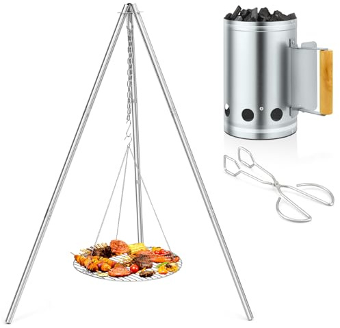 Joyfair Campfire Camping Tripod & Charcoal Chimney Starter, Heavy Duty Stainless Steel Openfire Tripod Grill with 17” Rack Grate Portable Camp Equipment, Adjustable Height for Outdoor BBQ Grilling