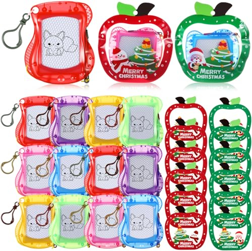 Soulchen 12 Set Christmas Party Favor Gift for Kids Students, Mini Magnetic Drawing Board Bulk with Apple Shaped Gift Bag Backpack Keychain Clip Doodle Drawing Board for Xmas Classroom Reward Supplies