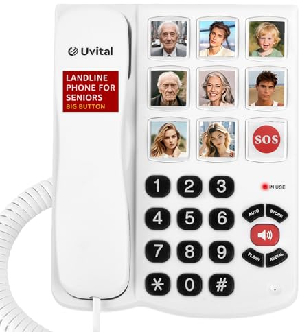 Uvital Big Button Phone for Seniors, Corded Landline Phones for Seniors with 8 One-Touch Dialing Big Buttons and 1 SOS Emergency Button, Hands-Free, Loud Ringer, Easy to Use