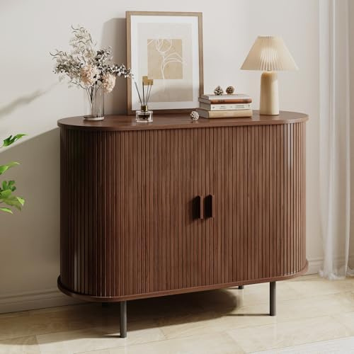 Buffet Sideboard Cabinet with Storage, 40 Fluted Cabinet with Sliding Door & Adjustable Shelf, Modern Accent Coffee Bar Console Table for Kitchen, Entryway, Walnut