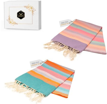 Sandrella 2er Set Hamamtuch aus 100% recycelter Baumwolle tunesisches Strandtuch Sauna Damen & Herren 100x200cm leicht und schnelltrocknend blau gestreift/lila gestreift