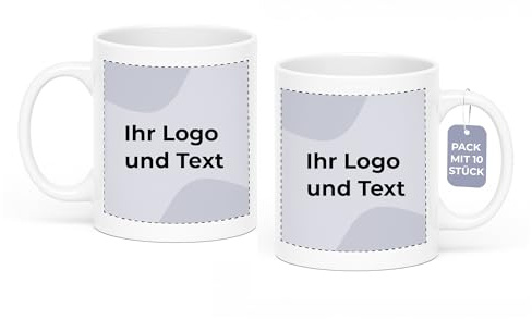 Cimpress Personalisierte Firmen-Tassen, 325 ml, 10 Stück, Weiß | Mit eigenem Logo gestalten, Geschenke zum Firmenjubiläum & Kollegen, Tasse für Büros & Merchandise