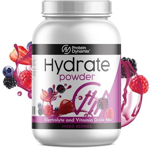 Protein Dynamix Hydration Powder • Electrolyte Mix with Added Vitamins + EAAs • Natural Source of Electrolytes Made with Coconut Water • Vitamins for Energy + Immunity • Sugar-Free • Mixed Berry