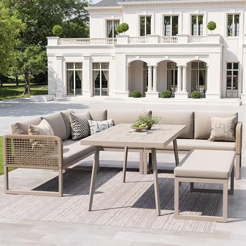 Dolamaní Gartenmöbel Set mit Sitzkissen & Rückenkissen, gartenlounge für 6-8 Personen mit Eck Loungesofa,1 Tisch & 1 Sofabank, Eisenrahmen & Handgeflochtene PE-Rattan (Beige)