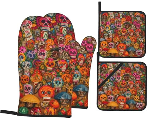 4 Piece Oven Mitts and Pot Holders Set Heat Resistant Oven Gloves and Potholders BBQ Gloves Hot Pads Mexican Folk Art Cooking Gloves for Kitchen Baking Grilling