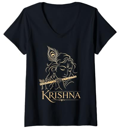 Femme Krishna Flûte de Dieu Hindou en Plumes de Paon Cadeau de dévotion T-Shirt avec Col en V