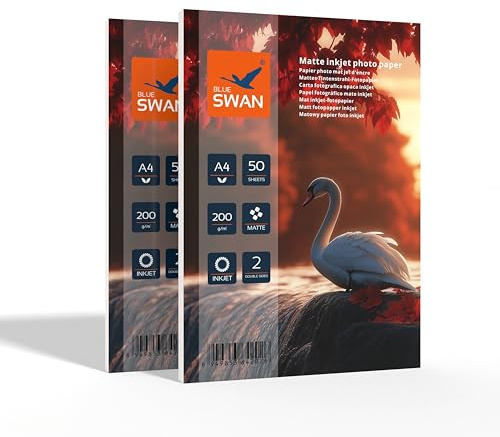Blue Swan Papier Photo Mat A4, 200 g/m², 100 Feuilles, Revêtement Mat Recto-Verso, Séchage Rapide, Haute Luminosité des Couleurs, Faible Réflexion, Compatible Imprimantes Jet d’Encre