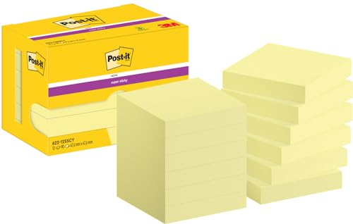 Post-it Super Sticky Notes, 12 Blöcke (1080 Blatt), 47,6 x 47,6 mm, Gelb | Selbstklebende Haftnotizen mit Stärkerer Haftung, Klebezettel für Bürobedarf, Erinnerungen & To-Do-Listen; Repositionierbar